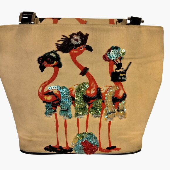 Flamingo Print Canvas Purse Bag Tote Beaded Sequins Tropical - Picture 2 of 12
